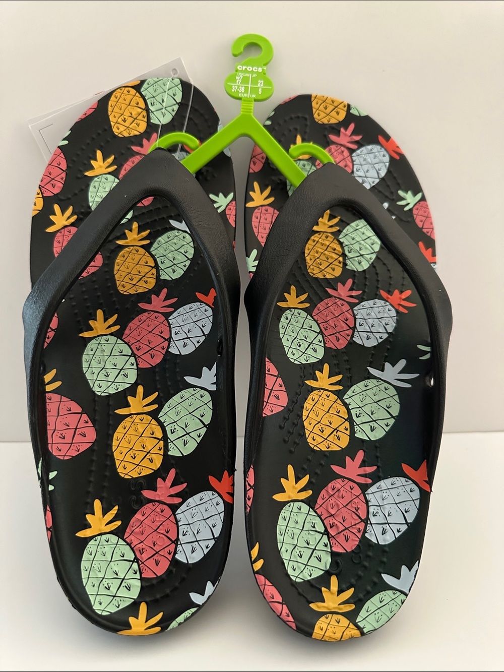 NWT Iconic Pink/Purple/Yellow Tropical Comfy Iconic CROC Flip Flops.